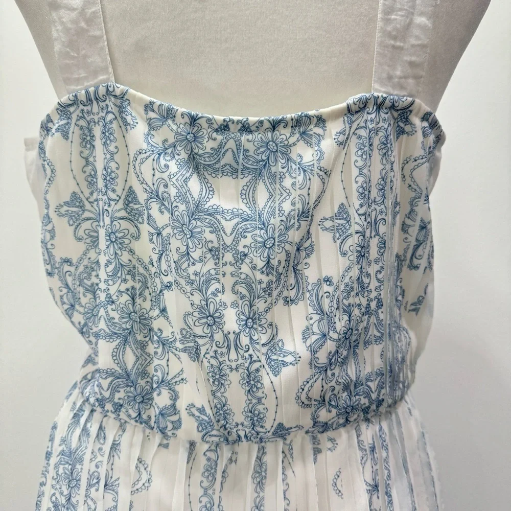 Blue & Ivory Pleated Plisse Skirt Dress KAS ModCloth Cottagecore Boho Milkmaid